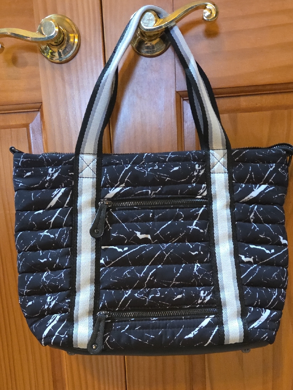 Black Quilted Tote Bag with White Marble Print